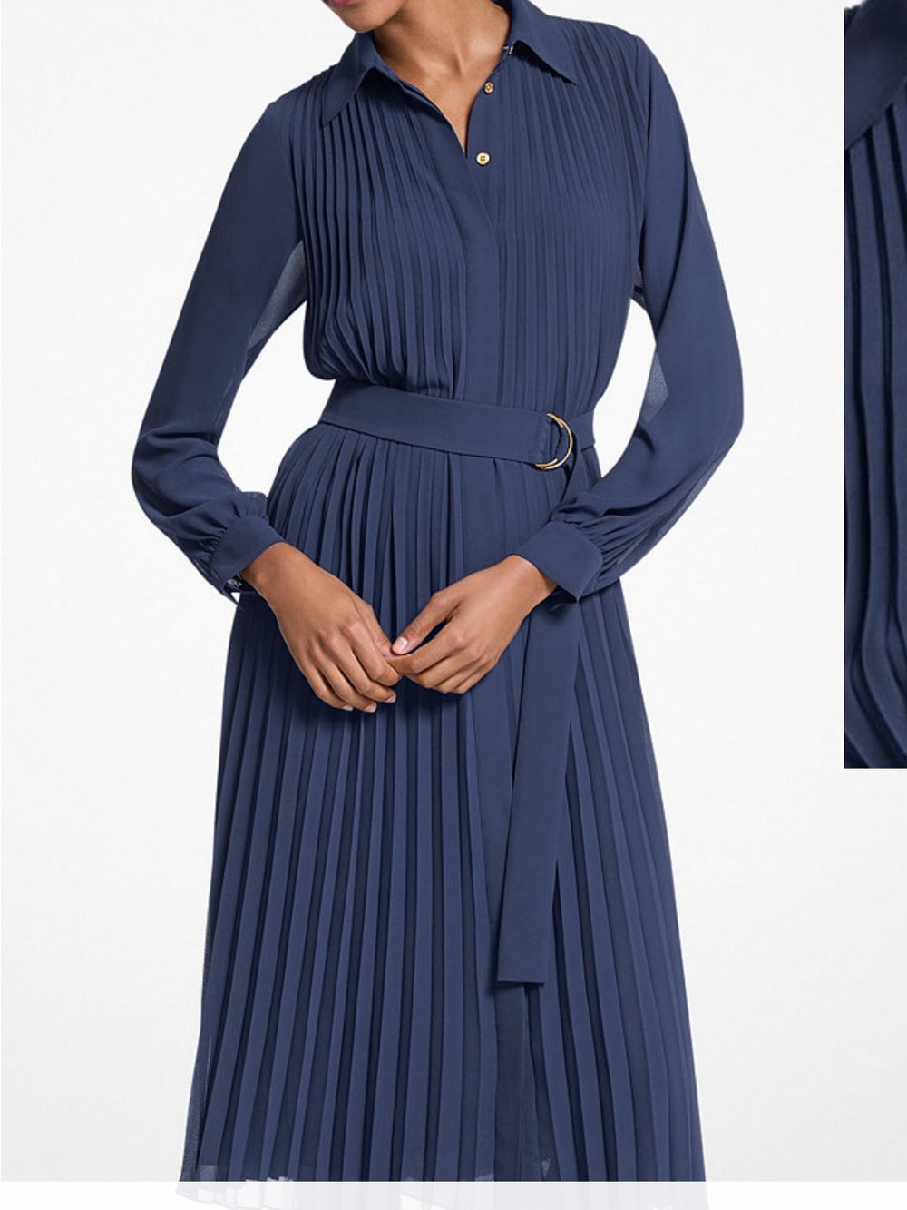 MICHAEL Michael Kors Navy Pleated Long-Sleeve Shirt Dress with Belt